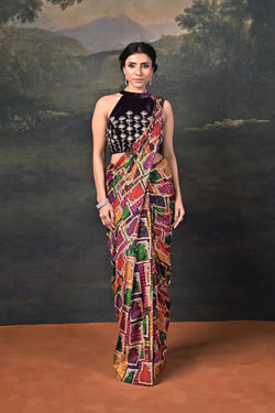Hand-Embroidered Halter Neck Velvet Blouse with Pure Silk Jharokha Pre-Draped Saree