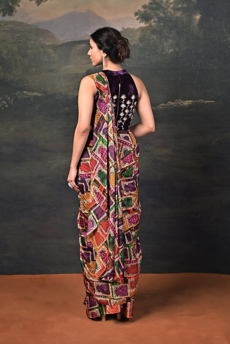Hand-Embroidered Halter Neck Velvet Blouse with Pure Silk Jharokha Pre-Draped Saree