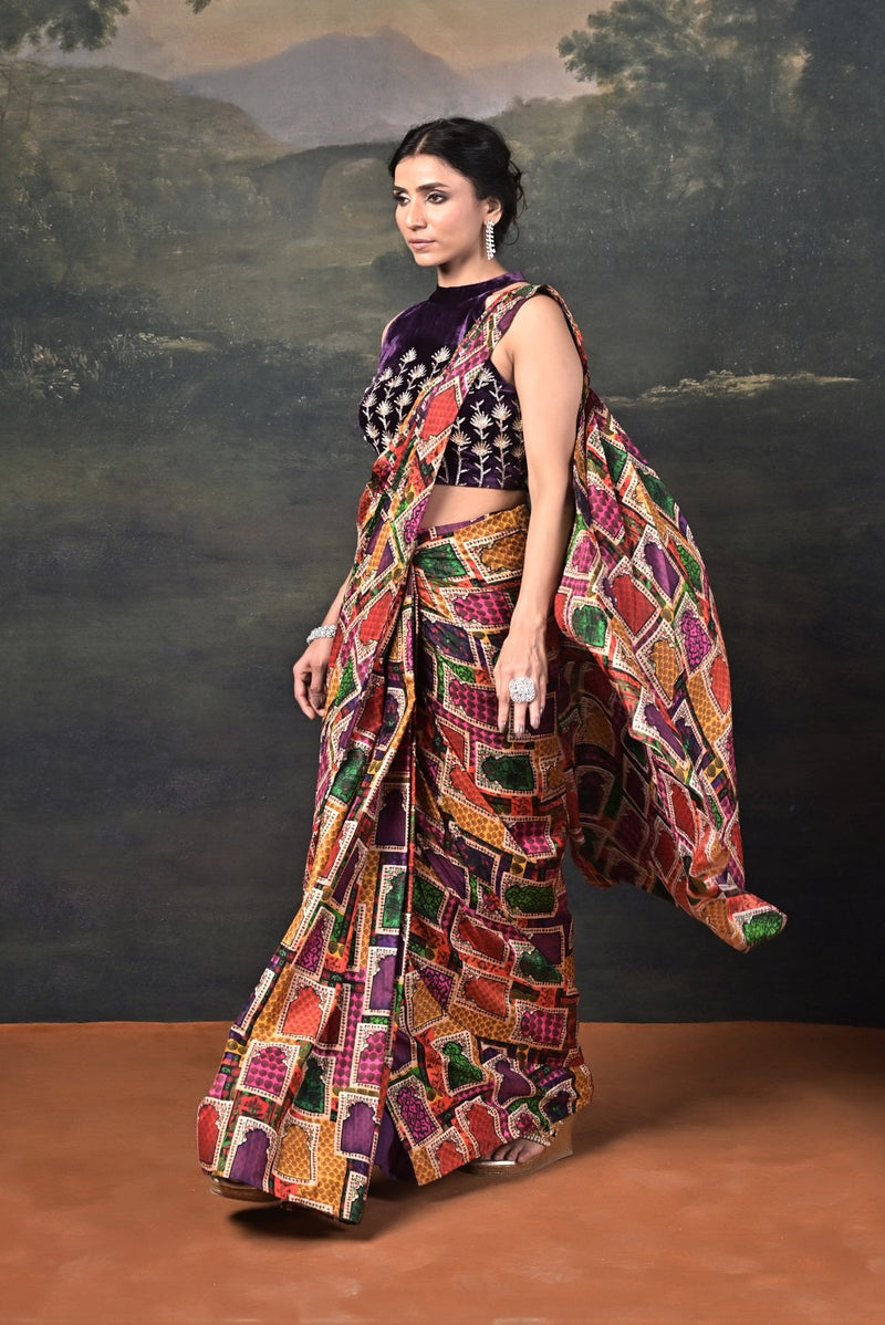 Hand-Embroidered Halter Neck Velvet Blouse with Pure Silk Jharokha Pre-Draped Saree