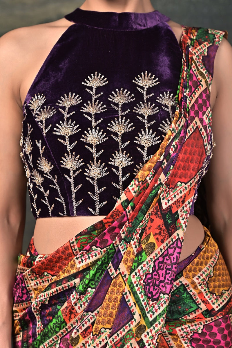 Hand-Embroidered Halter Neck Velvet Blouse with Pure Silk Jharokha Pre-Draped Saree