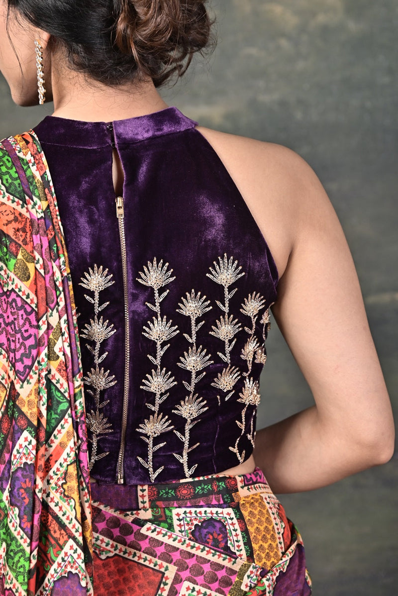 Hand-Embroidered Halter Neck Velvet Blouse with Pure Silk Jharokha Pre-Draped Saree