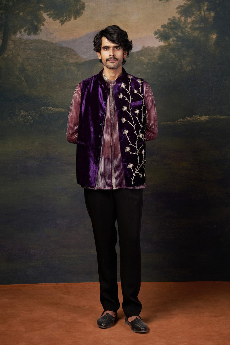 Hand-Embroidered Nehru Jacket with embrodiered organza shirt and pants
