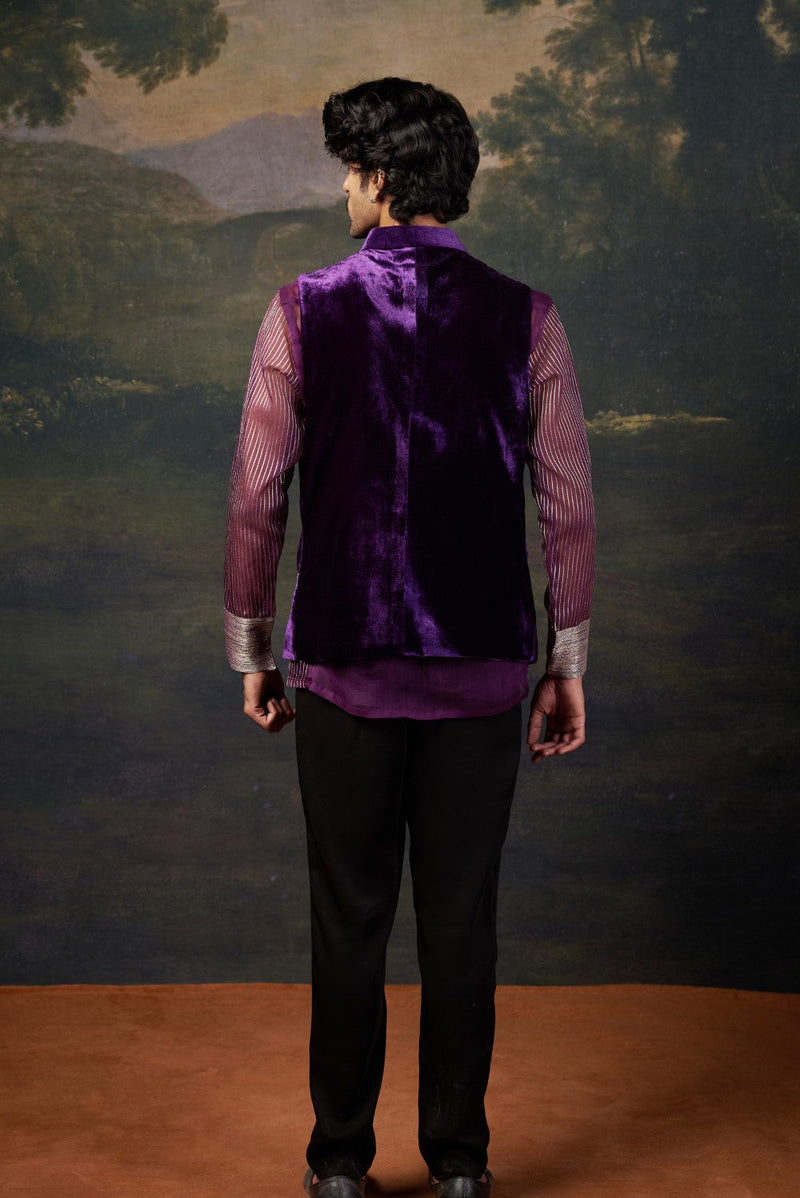 Hand-Embroidered Nehru Jacket with embrodiered organza shirt and pants