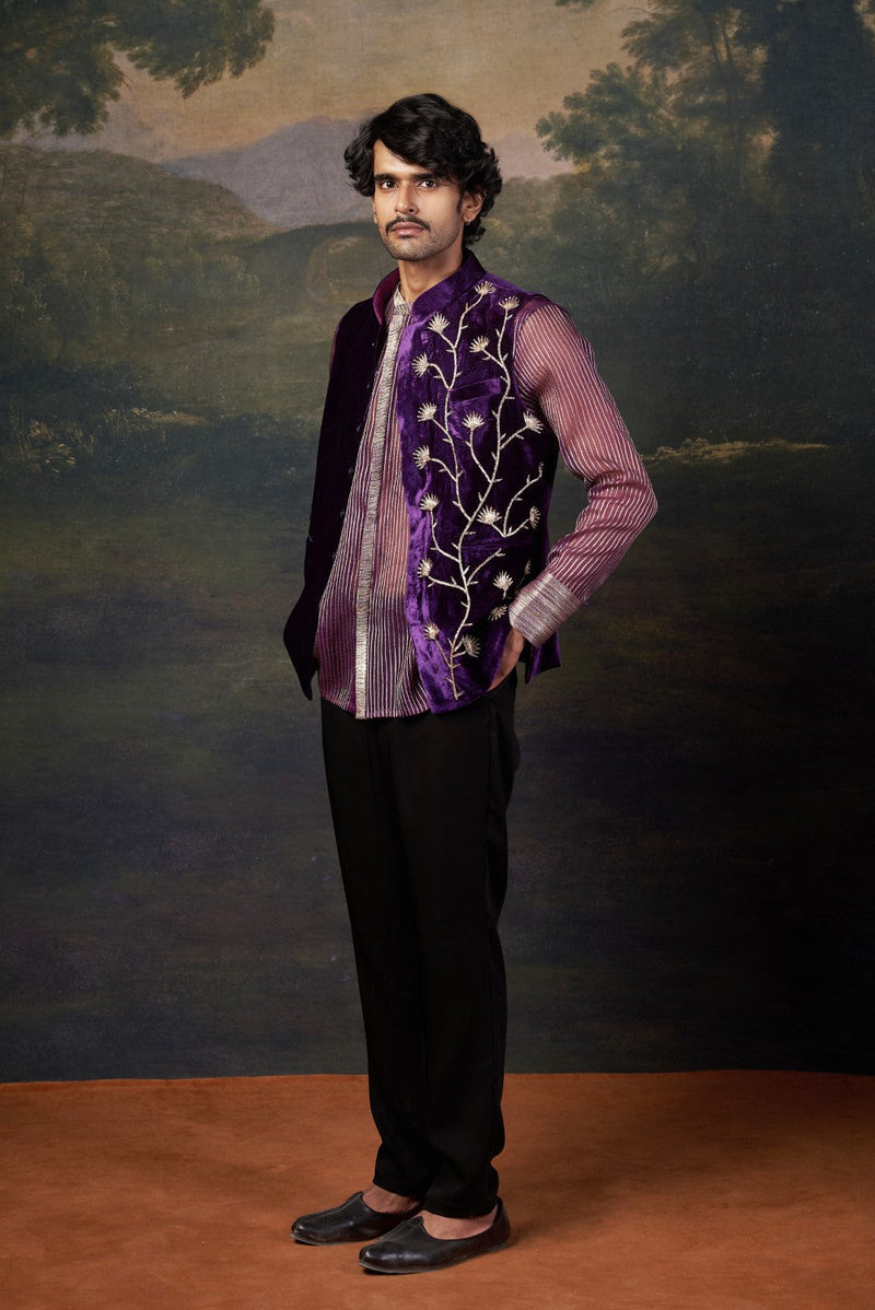 Hand-Embroidered Nehru Jacket with embrodiered organza shirt and pants