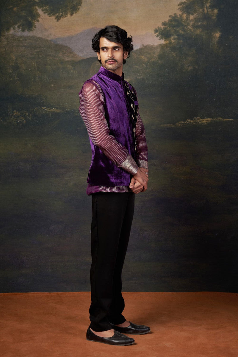 Hand-Embroidered Nehru Jacket with embrodiered organza shirt and pants