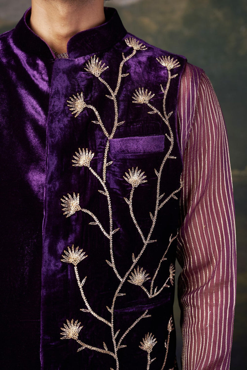 Hand-Embroidered Nehru Jacket with embrodiered organza shirt and pants