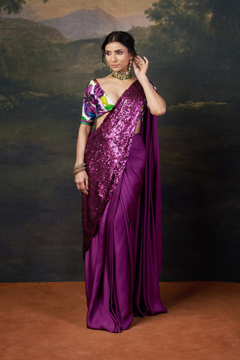 Hand-Embroidered Pre-Draped Saree with Abstract Floral Print