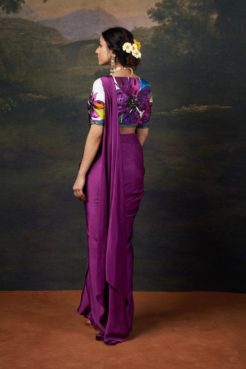 Hand-Embroidered Pre-Draped Saree with Abstract Floral Print