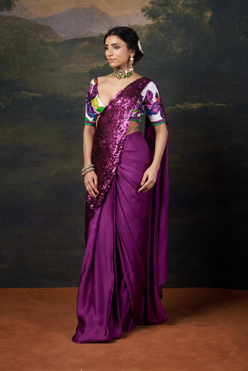 Hand-Embroidered Pre-Draped Saree with Abstract Floral Print