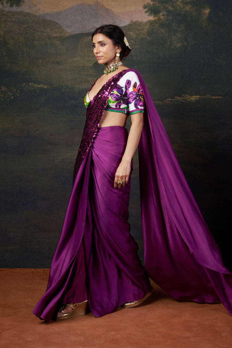 Hand-Embroidered Pre-Draped Saree with Abstract Floral Print