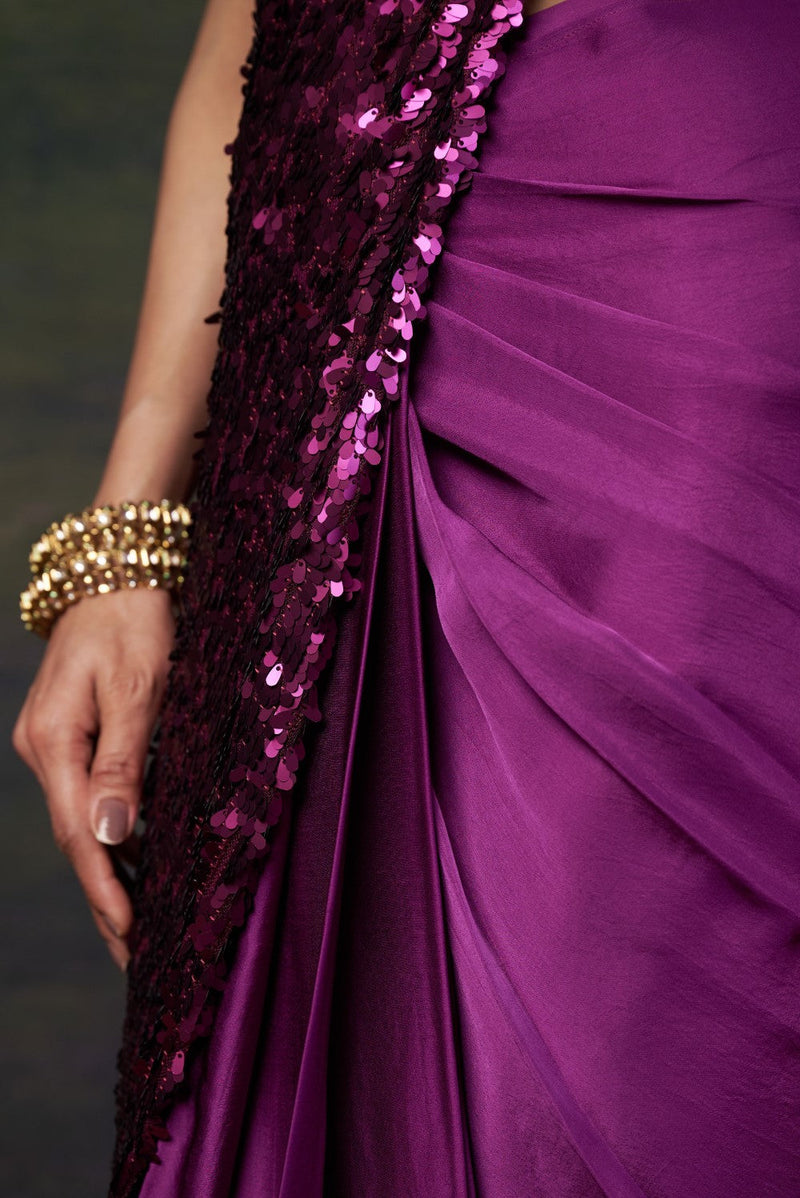 Hand-Embroidered Pre-Draped Saree with Abstract Floral Print