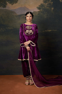 Hand-Embroidered Velvet Purple Kalidar Anarkali Set