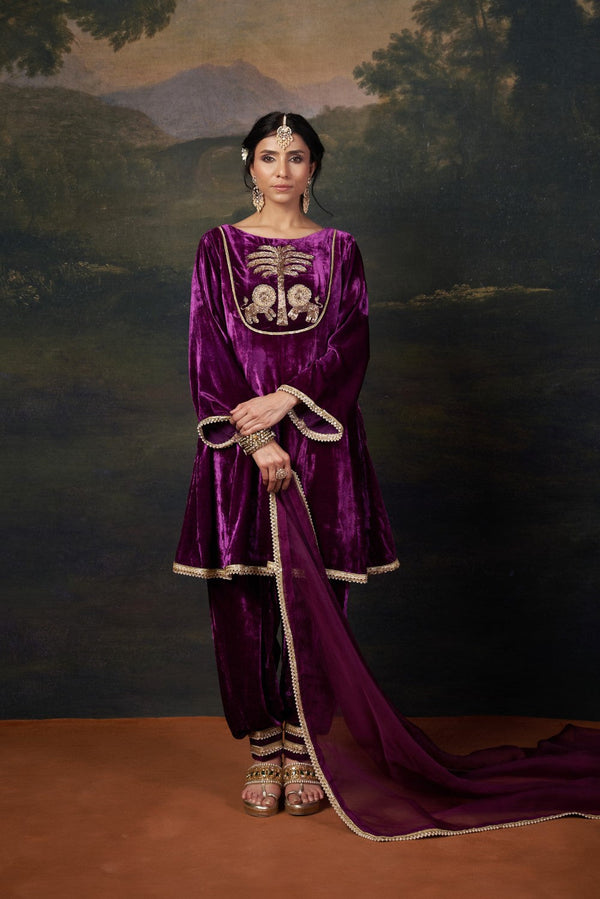 Hand-Embroidered Velvet Purple Kalidar Anarkali Set