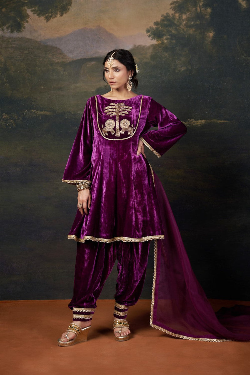 Hand-Embroidered Velvet Purple Kalidar Anarkali Set