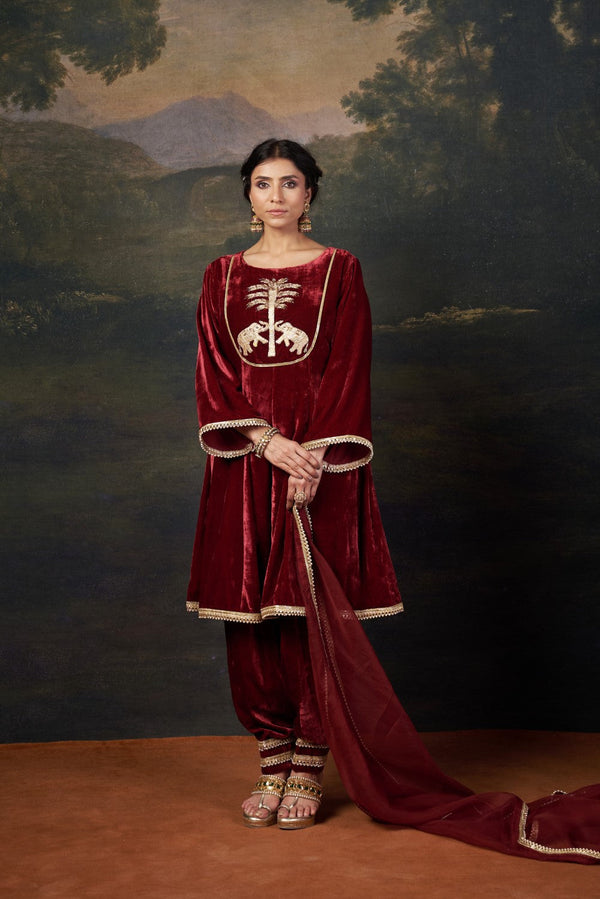 Hand-Embroidered Velvet Red Kalidar Anarkali Set