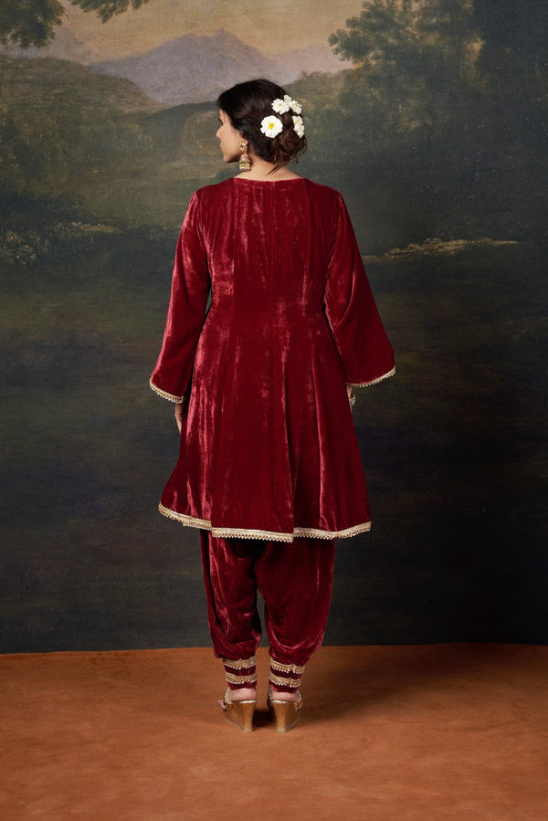 Hand-Embroidered Velvet Red Kalidar Anarkali Set