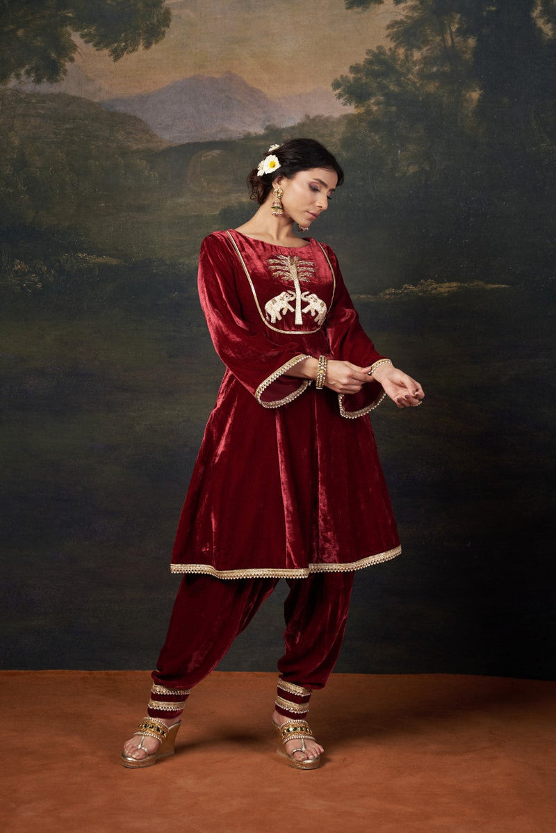Hand-Embroidered Velvet Red Kalidar Anarkali Set