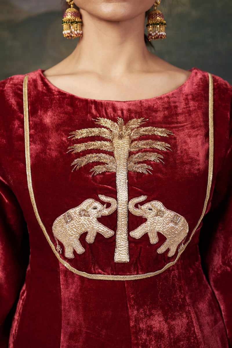 Hand-Embroidered Velvet Red Kalidar Anarkali Set