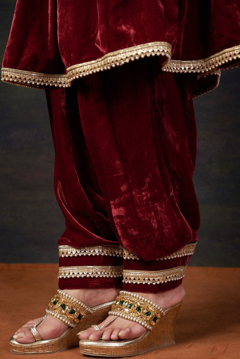 Hand-Embroidered Velvet Red Kalidar Anarkali Set