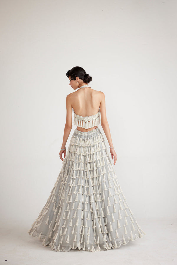 Powder Grey Chandelier Pearl Drop Crop Top Skirt Set