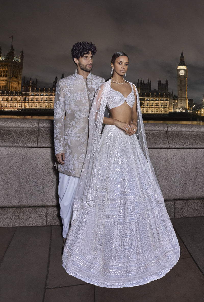 Nude Floral Sherwani Set