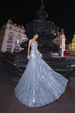 Ice Blue Mirror Work Gown