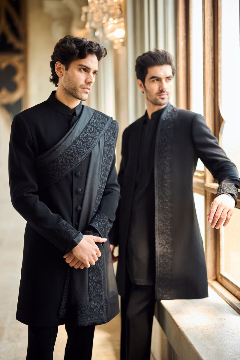 Black Thread Work Open Jacket Set