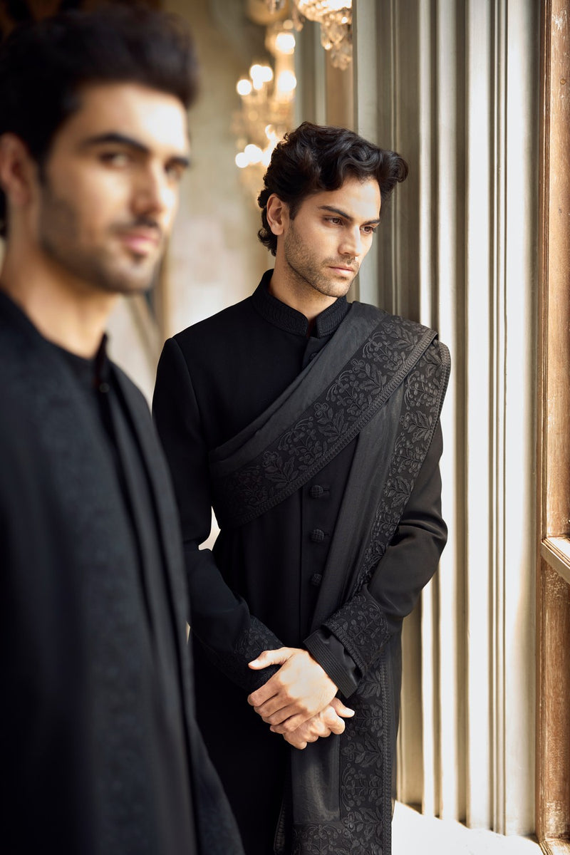 Black Thread Work Open Jacket Set