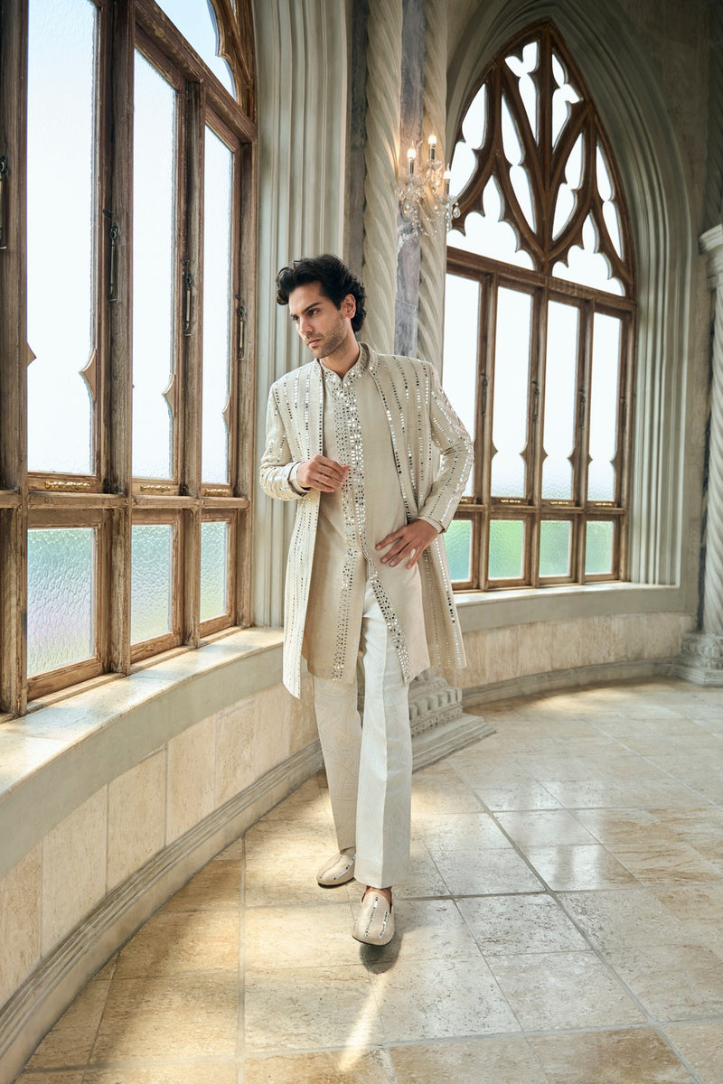 Beige Mirror Work Sherwani Set