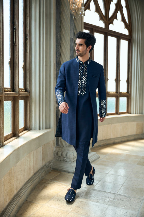 Persian Blue Mirror Open Sherwani Set
