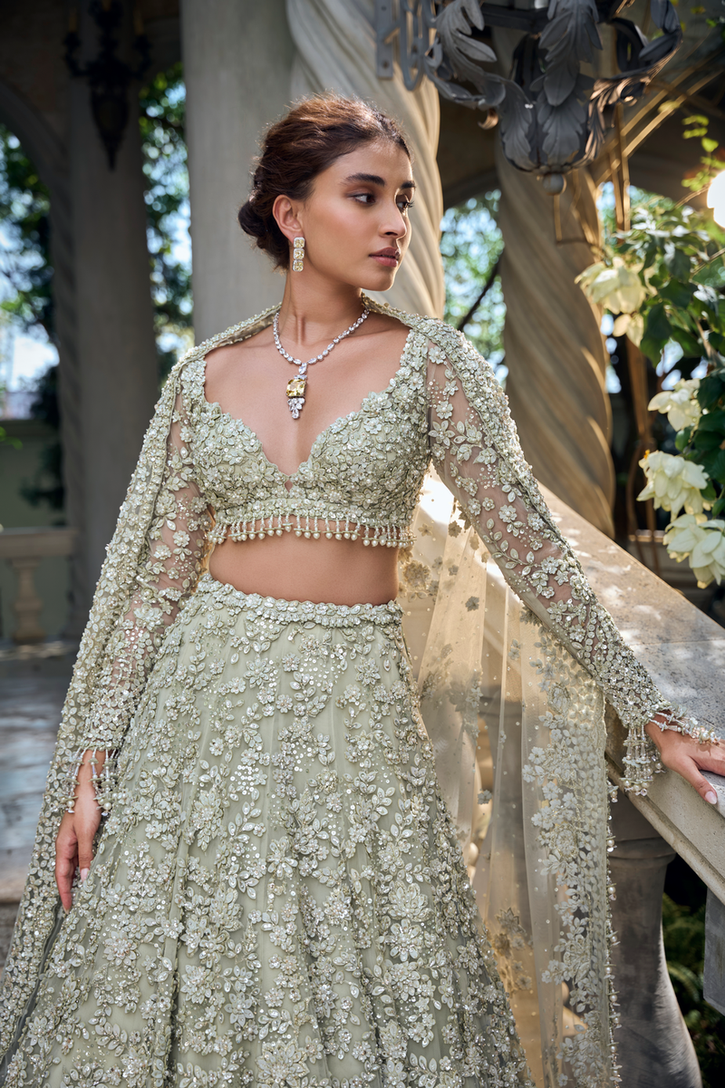 Sage Green Three-Dimensional Lehenga Set