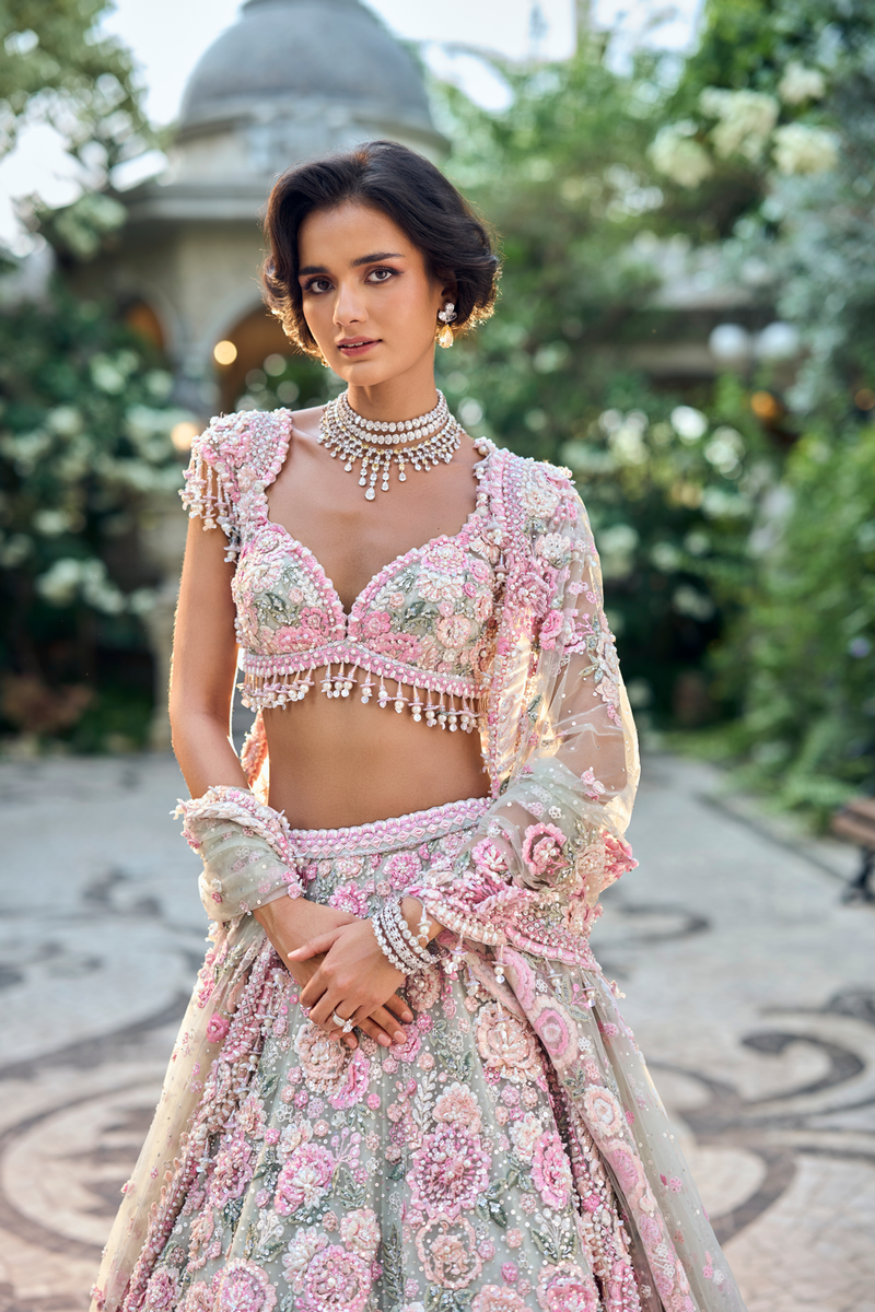 Mint Green Multi-Coloured Floral Lehenga Set