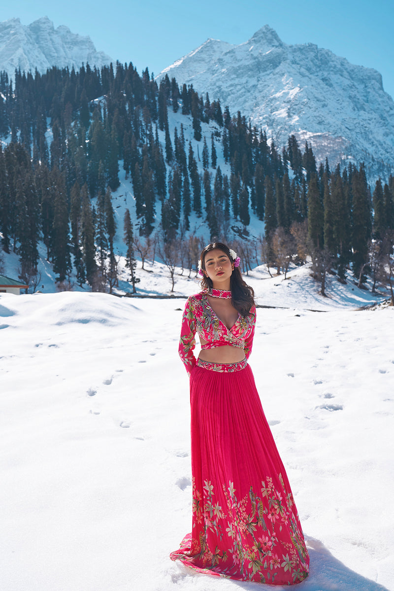 fuschia pink floral hand embroidered wrap blouse with pleated lehanga made in  georgette fabric