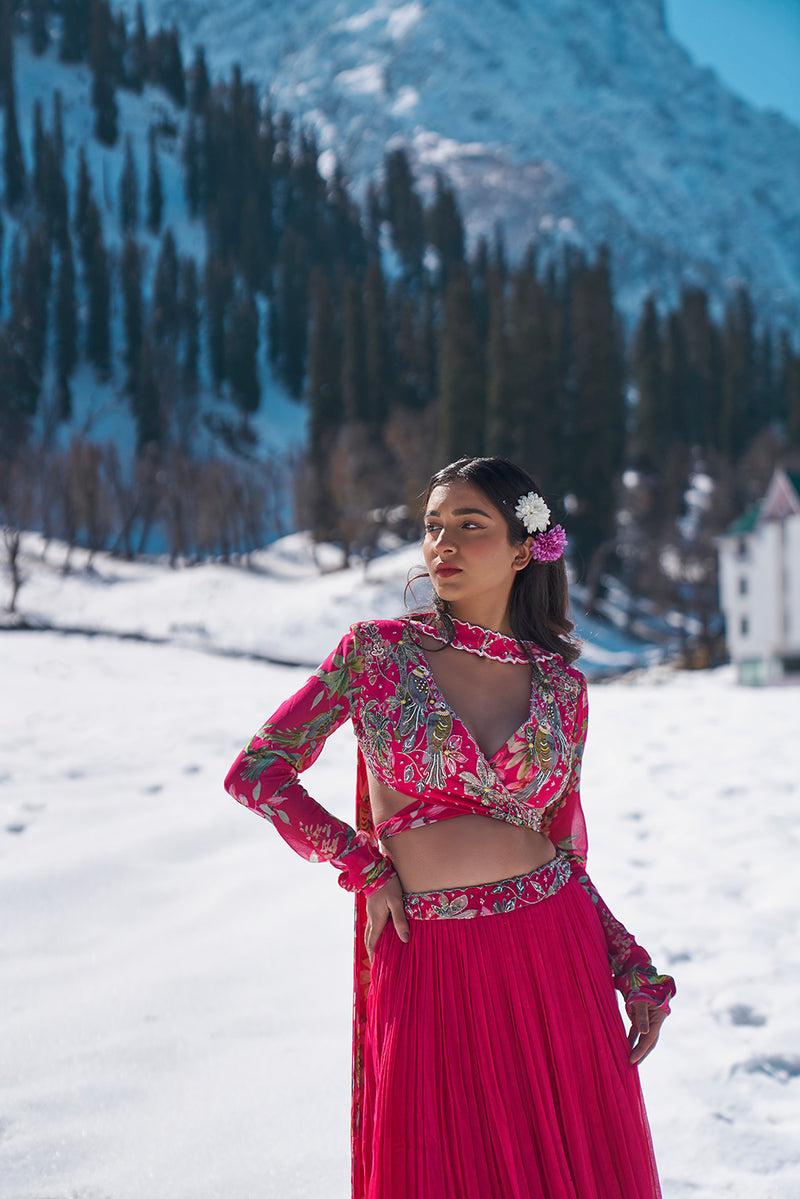 fuschia pink floral hand embroidered wrap blouse with pleated lehanga made in  georgette fabric