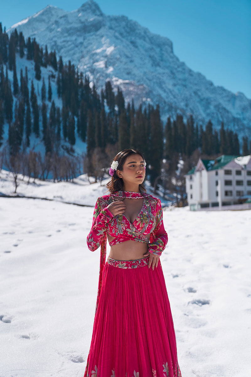 fuschia pink floral hand embroidered wrap blouse with pleated lehanga made in  georgette fabric