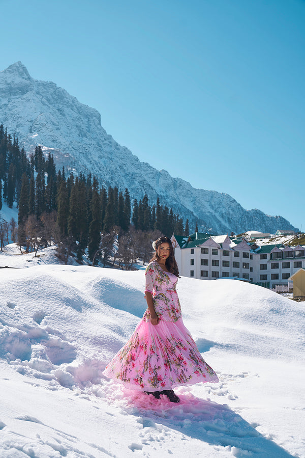 Elegant floral blush pink peplum jaket georgette gown with intricate hand embroidery