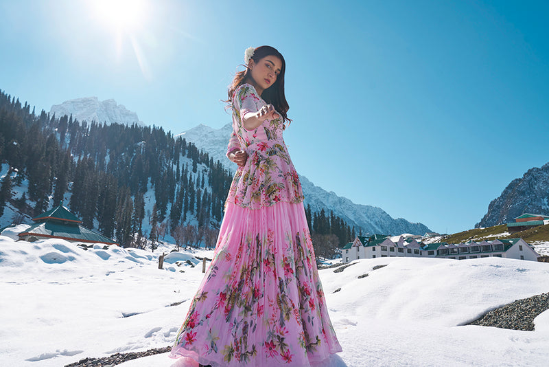 Elegant floral blush pink peplum jaket georgette gown with intricate hand embroidery