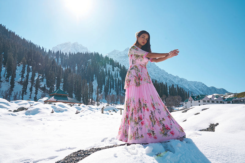 Elegant floral blush pink peplum jaket georgette gown with intricate hand embroidery