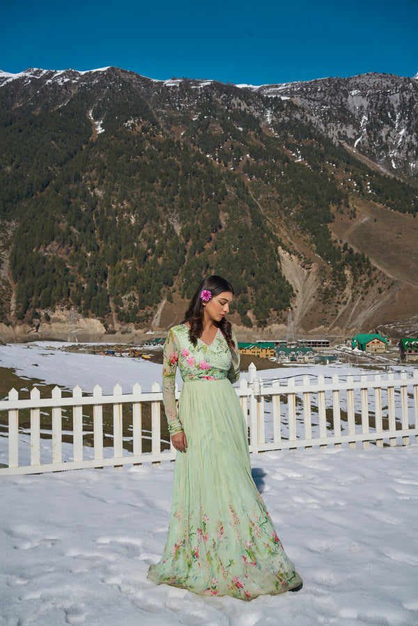 Elegant floral Mint Green georgette gown with intricate hand embroidery