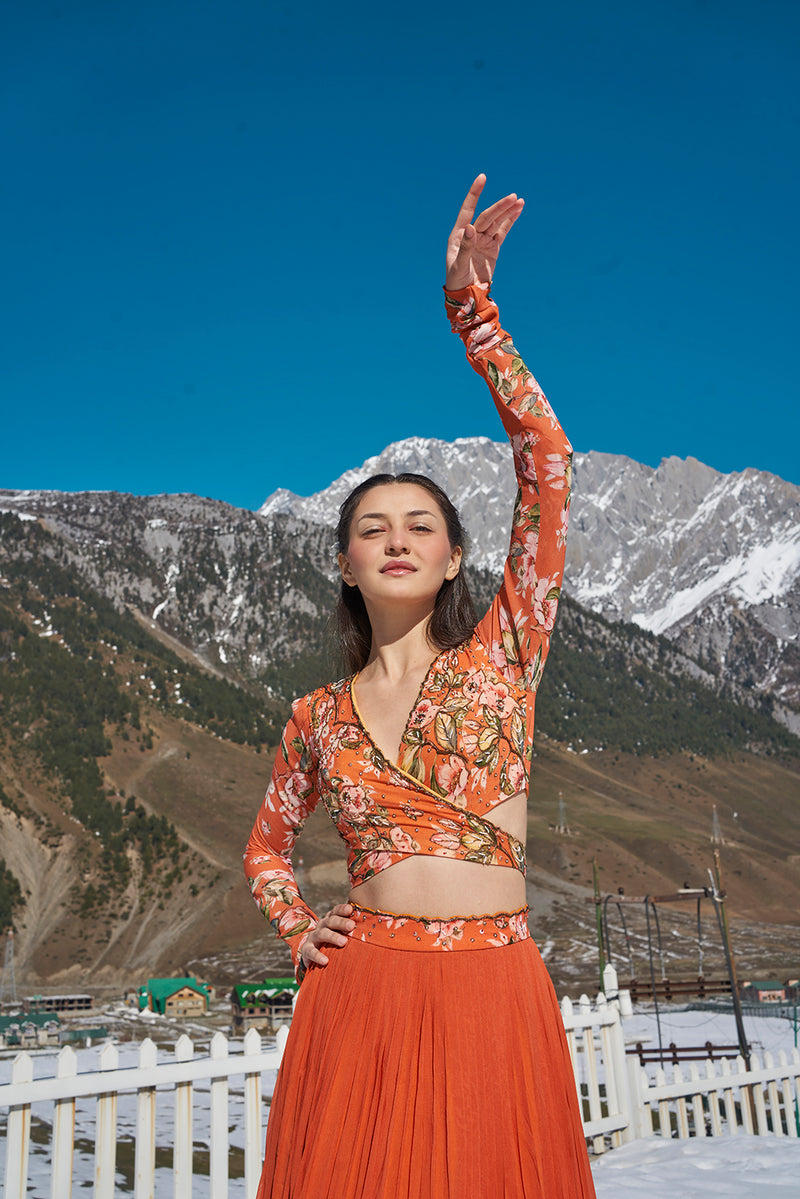 orange floral hand embroidered wrap blouse with pleated lehanga made in  georgette fabric