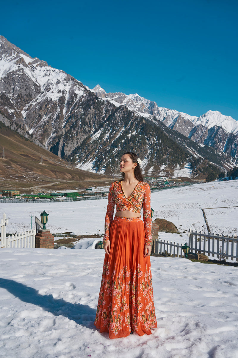 orange floral hand embroidered wrap blouse with pleated lehanga made in  georgette fabric