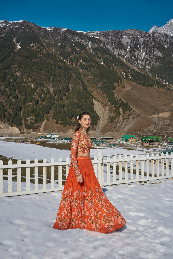 orange floral hand embroidered wrap blouse with pleated lehanga made in  georgette fabric