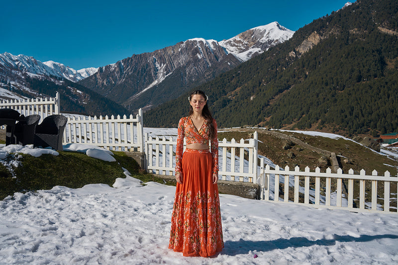 orange floral hand embroidered wrap blouse with pleated lehanga made in  georgette fabric