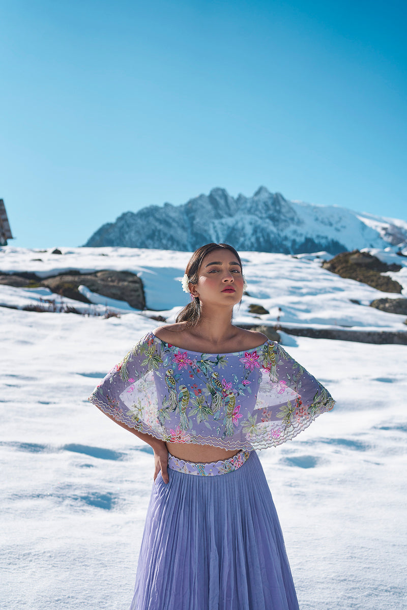 lilac floral hand emdroiderd off sholulder cape blouse with pleated lehanga made in georgette fabric