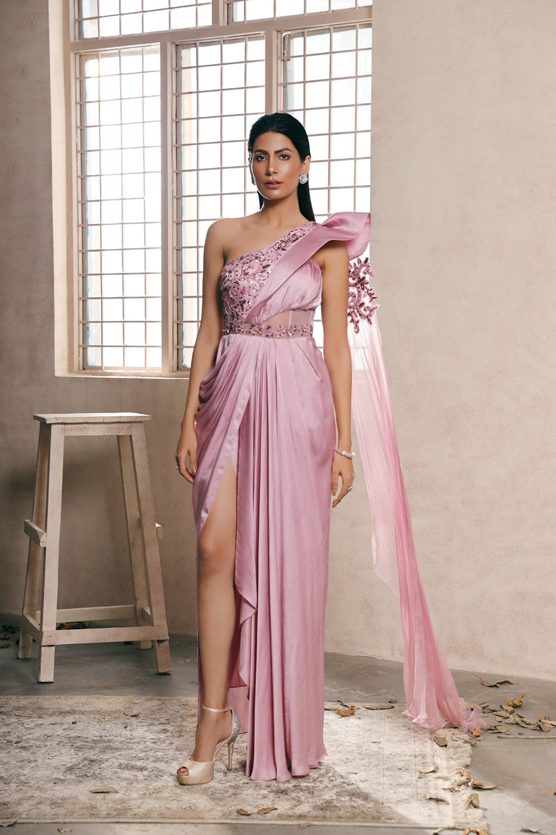 Lilac Satin Pre Constructed Slit Saree