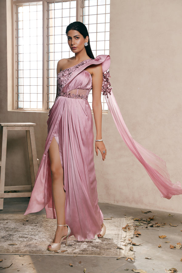 Lilac Satin Pre Constructed Slit Saree