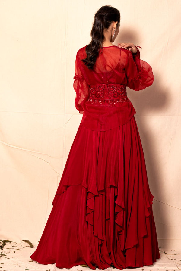 Scarlet Red Organza Jacket with Multi Asymmetric Layer Lehenga set