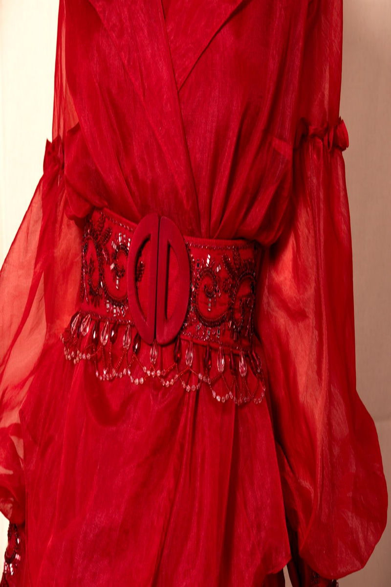 Scarlet Red Organza Jacket with Multi Asymmetric Layer Lehenga set