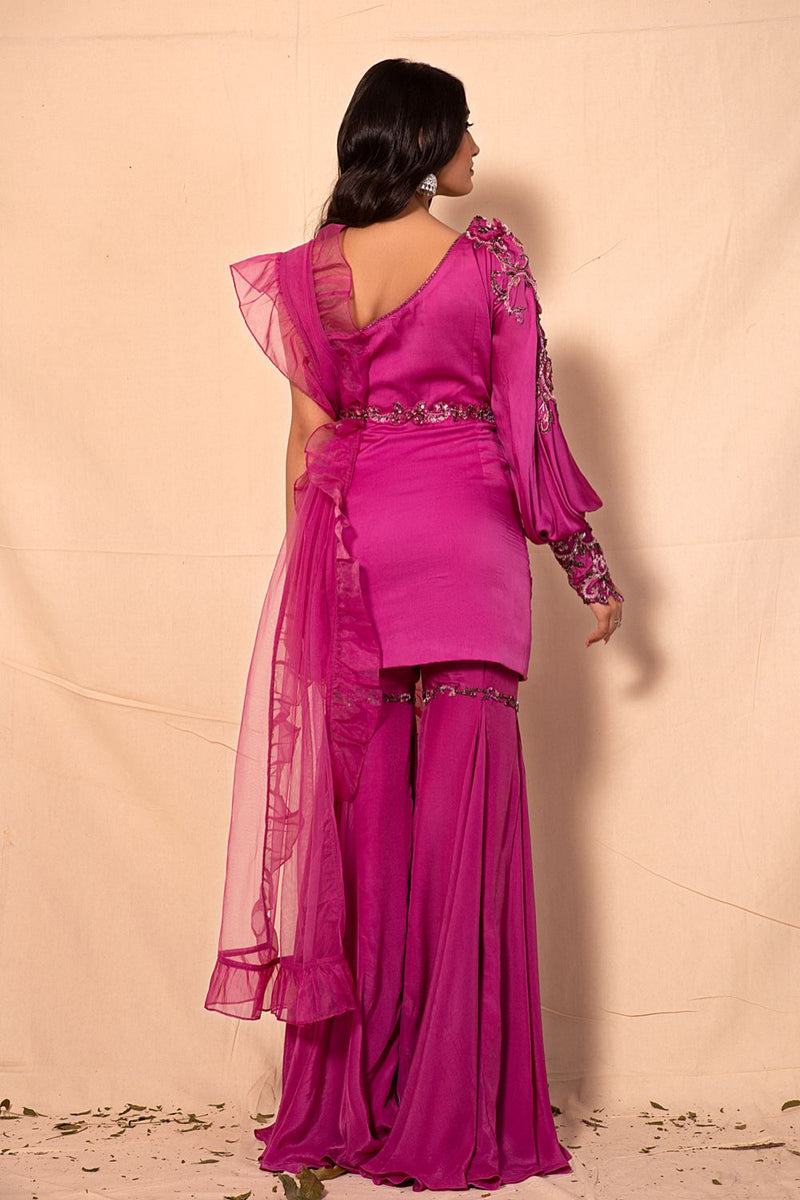 Mulberry Pink Knee Length textured tunic with Sharara and ruffle dupatta