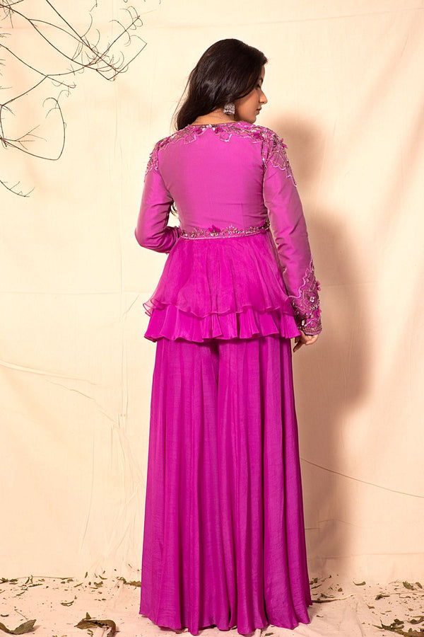 Plum Purple Peplum Style Hand Embroidered Jacket with sharara set